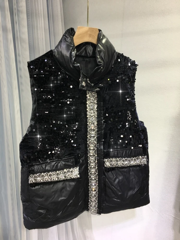 Sequins Beaded Black Versatile Stand Collar Vest for Women 2024 Autumn and Winter Sleeveless Puffer Jacket Cotton-Padded Coat