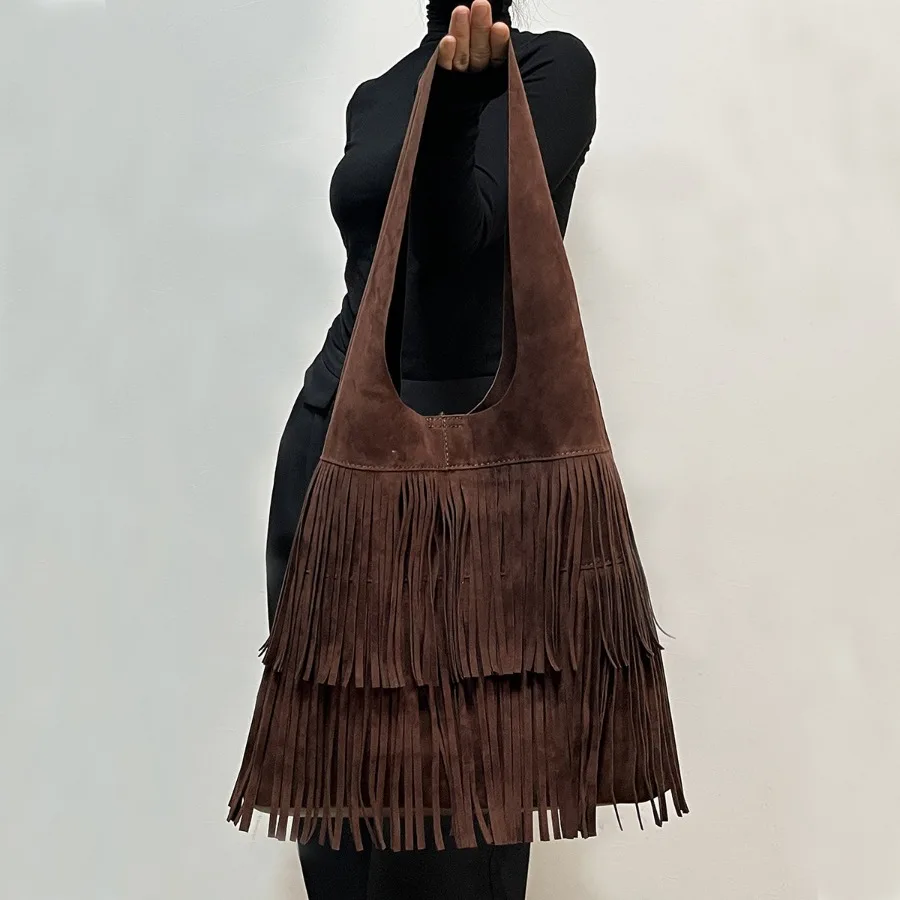 

【New style】Curry suede velvet bag autumn new bohemian retro versatile fringe bag tote bag shoulder bag