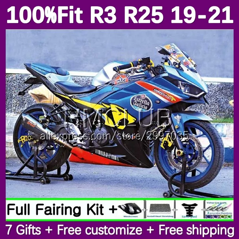 Fairing For YAMAHA YZF R3 R25 R 3 25 YZF-R3 145No.21 YZFR25 YZFR3 19 20 21 YZF-R25 2019 2020 2021 Injection Bodys bluw yellow