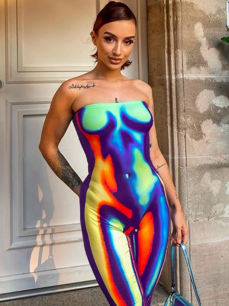 WeiYao Thermal Imaging 3D Printed Fashion Jumpsuit Women Sleeveless Strapless Multi-color Slim Fit Jumpsuit Cusual Streetwear