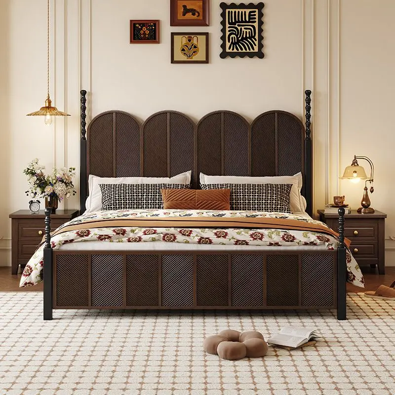 Vintage American solid wood, French Roman column bed, bedroom double storage wedding bed
