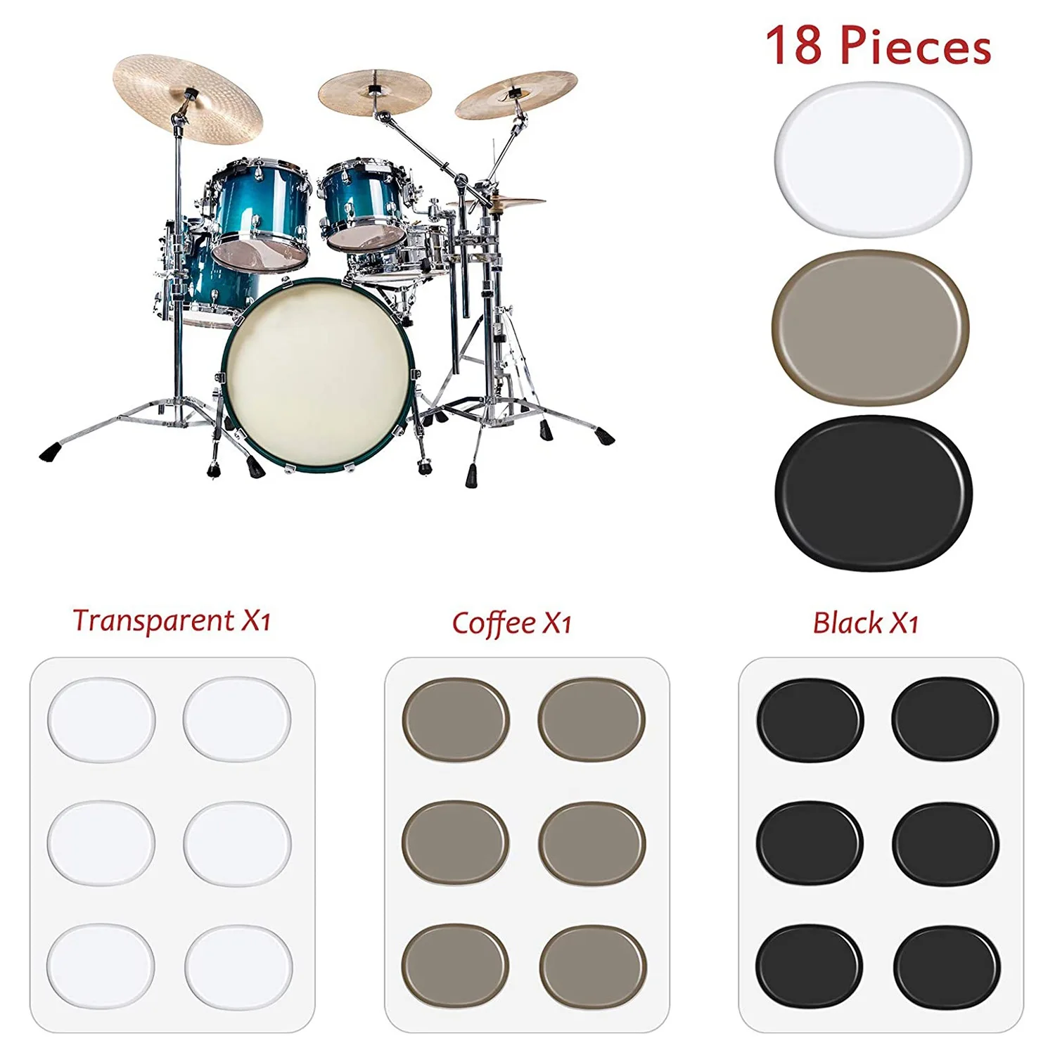 YHVC-18Pcs Drum Dampeners Gel Pads Silicone Drum Silencers 3 Colors Drum Dampening Pads Drum Mute Pads for Drums Tone Control