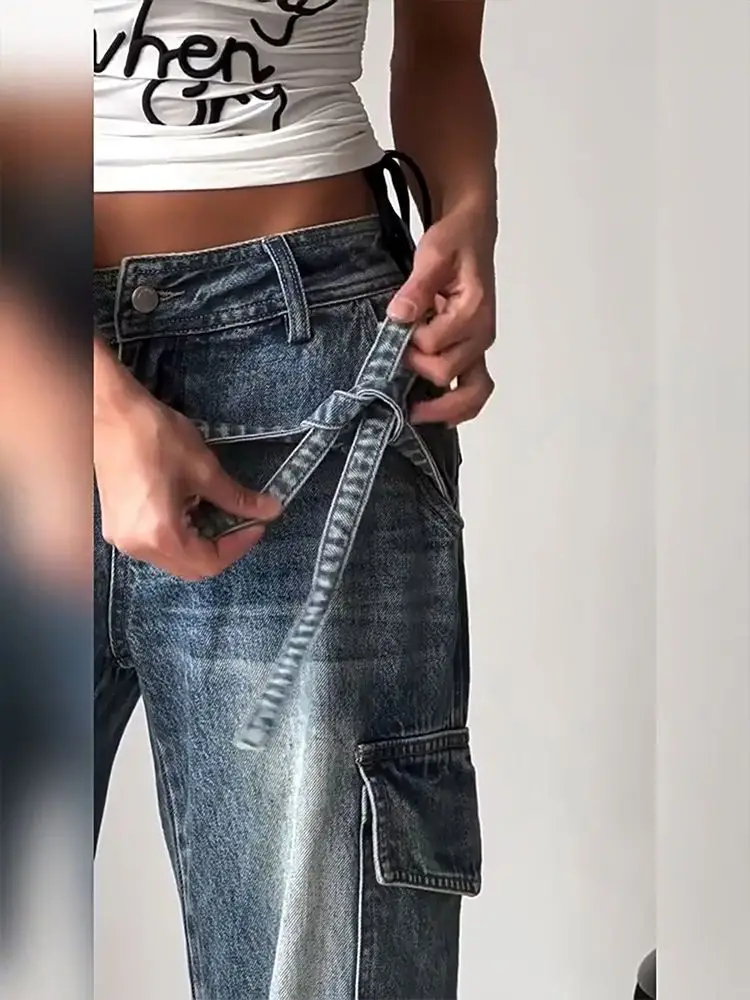 

Women’s Bow Tie Straps Blue Y2k Pants 90s Vintage Autumn Streetwear High Waist Sweet Denim Trouser Female Loose Wide-leg Jeans