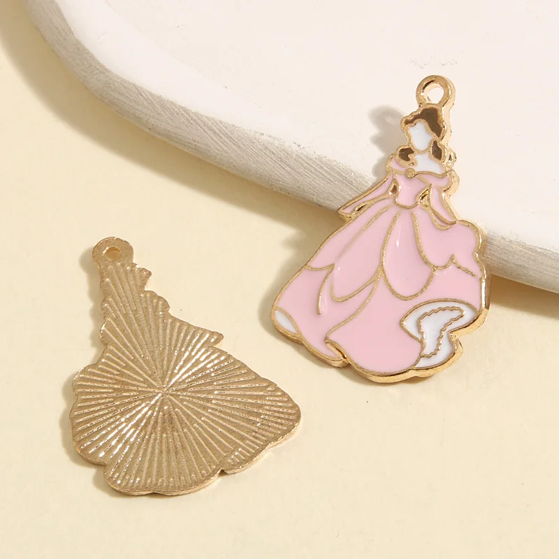 10pcs Gold Color 28x20mm Cartoon Enamel Princess Charms Formal Dress Pendant Fit DIY Necklaces Jewelry Handcrafted Accessories