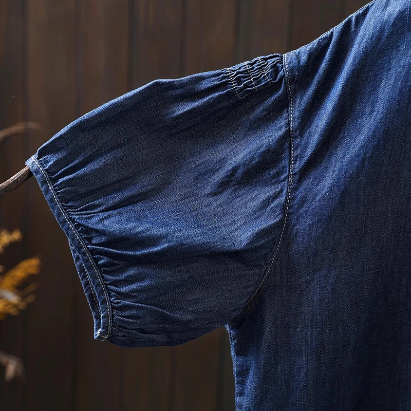 Frauen Casual Baumwolle Denim Hemd Neue Ankunft 2025, Sommer Vintage Stil Spitze Kragen Lose Weibliche Kurzarm Tops Shirts M1460