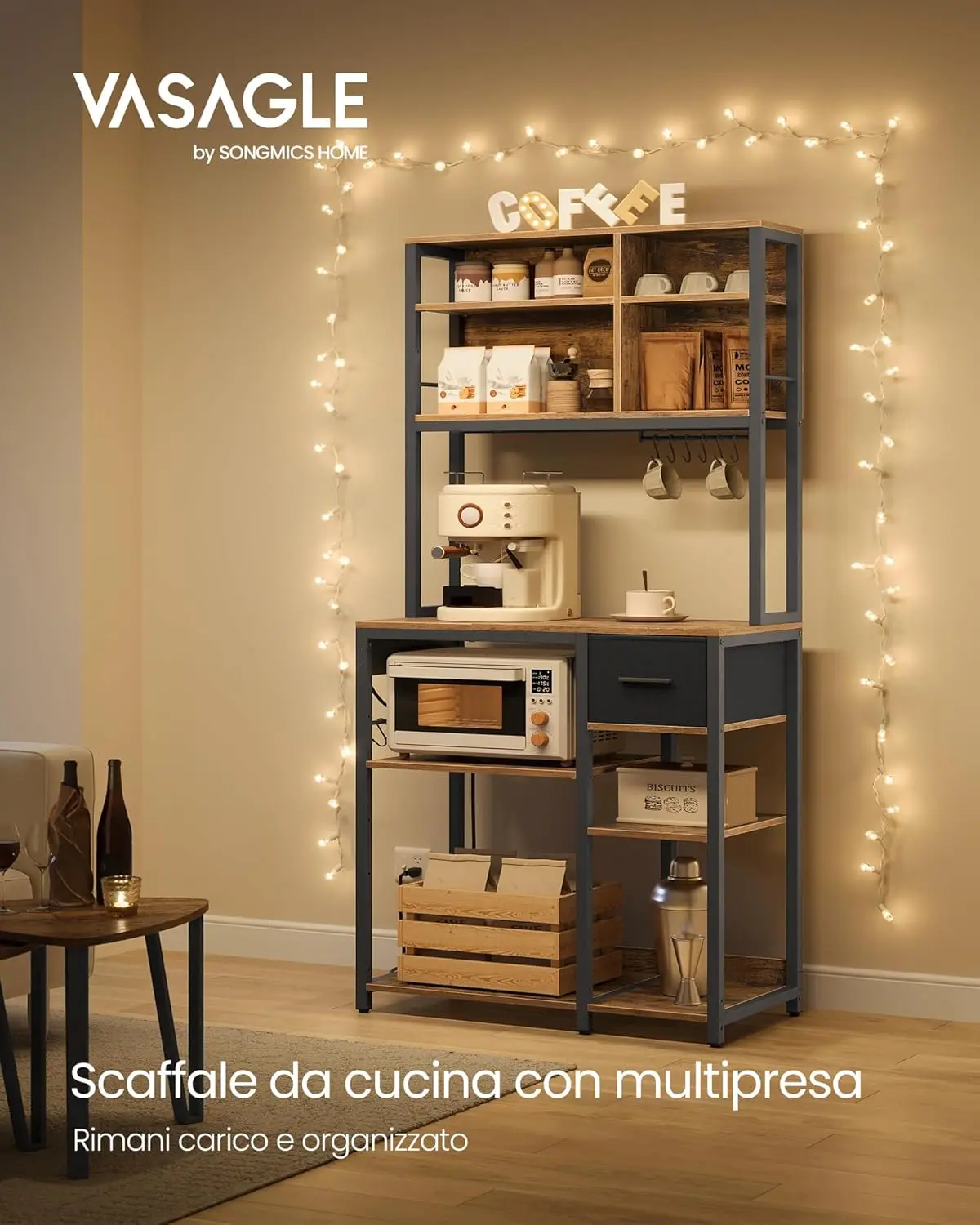 SONGMICS Set di 2 portaspezie per armadietto espandibile, Organizer per ripiano da cucina impilabile, metallo/legno, nero/marrone rustico