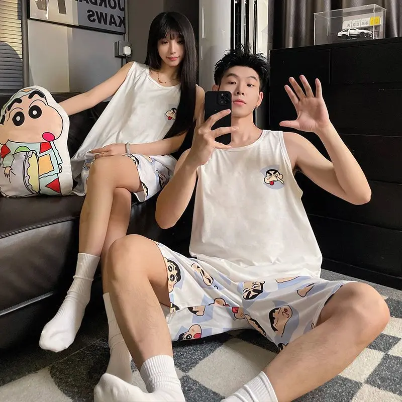 Conjunto de Pijamas Kawaii de Verano, Estilo Algodón, con Dibujos Animados, para Hombre y Mujer, Pijama de Pareja, Camiseta sin Mangas y Pantalones Cortos, Crayon Shin Chan