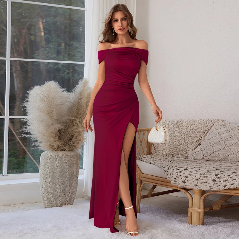 Abito da sera elegante da donna per l'autunno, in raso, senza maniche, con schiena scoperta, spacco laterale e arricciature, abito lungo da club per l'autunno
