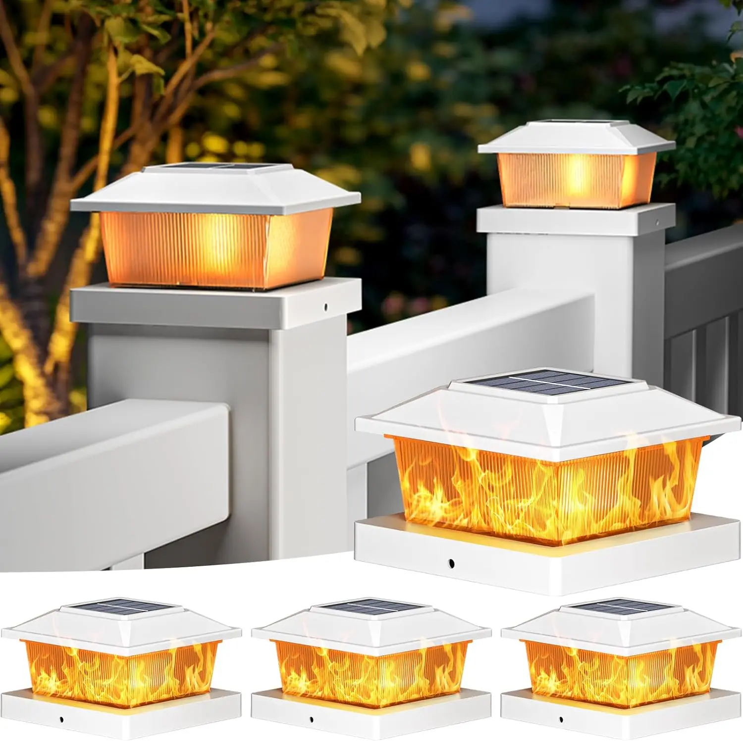 4Pcs Solar Flame Post Cap Lights Outdoor Fence Post Light Waterproof Bright Solar Lamp Outside for Deck Patio Porch Garden Decor