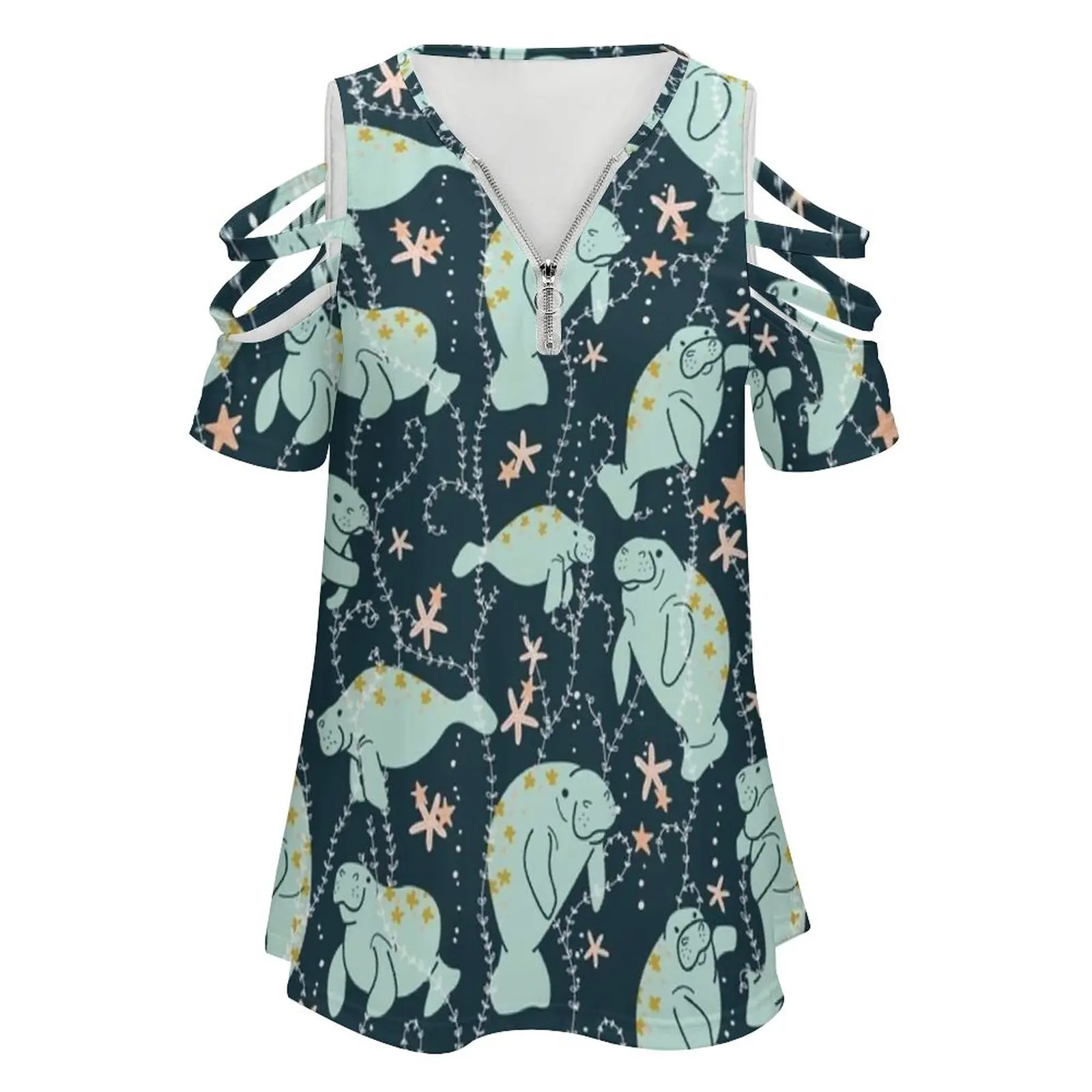 Oh The Hue-Manatee : Teal Women's T-Shirt Summer Fashion Print Floral V-Neck Zipper Tshirt Hollow Pullover Ladies Top Manatee