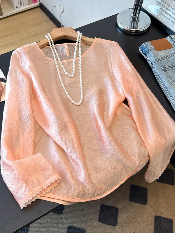 

Elegant round Neck Long Sleeve Shirt Women's Inner Wear Embroidered Thin High End Spring Summer Top Chinese Style Fashion