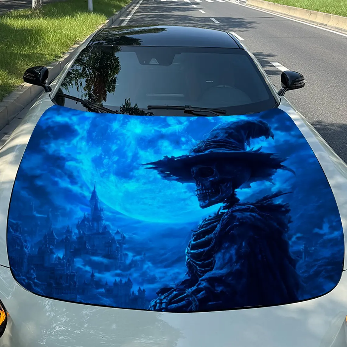 

Blue Moon Wizard Skeleton in Fantasy City Gloomy Realm Car Vinyl Wrap, PVC Material Waterproof Car Hood Sticker, Self-Adhesive S