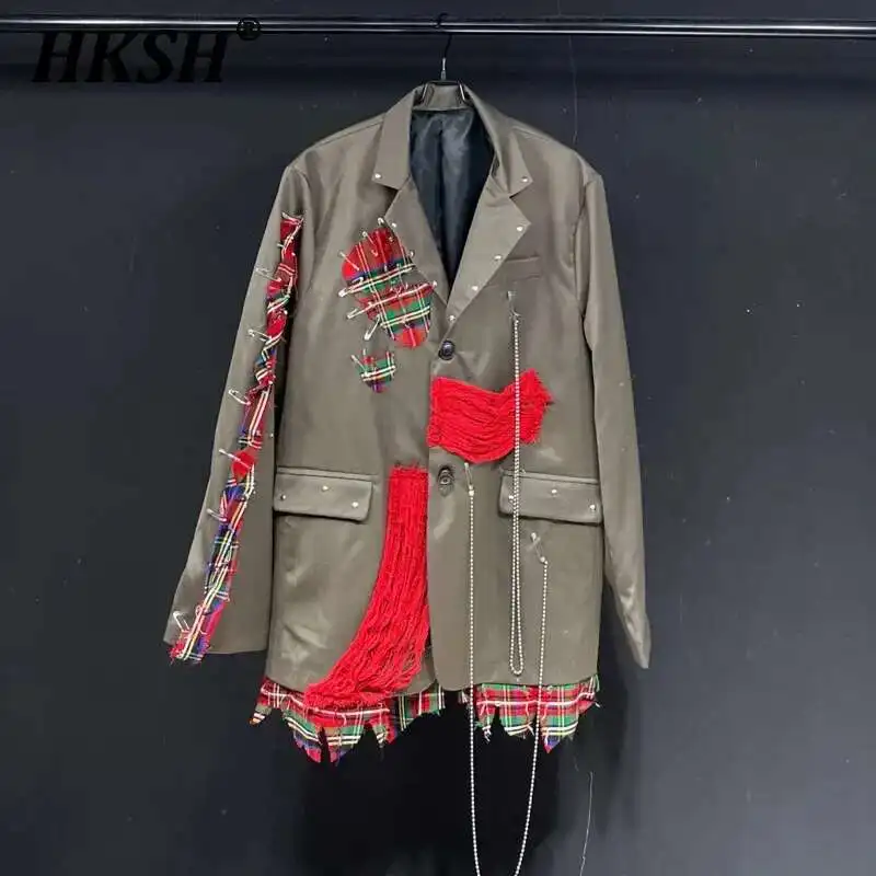 

HKSH Original Design Champagne Blazer High Street Metal Decoration Patchwork Jackets Spring Autumn Hem Grid Pattern Coats HK2966