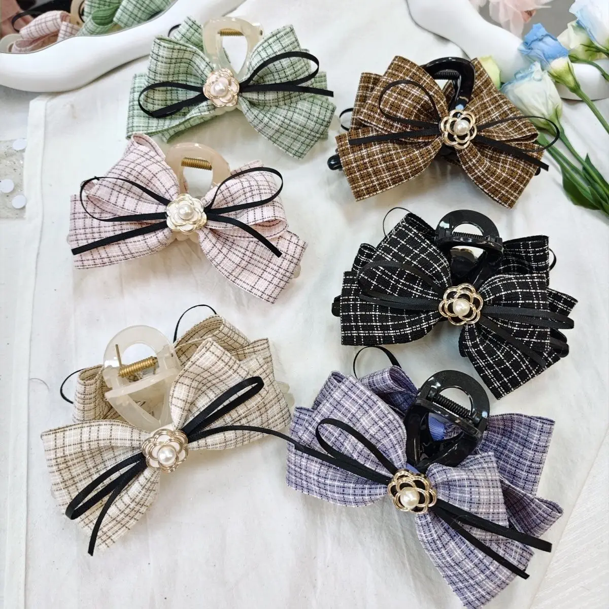 

Plaid Hair Claw Clip with Bow and Flower Luxury Large Hair Clips for Women Updo Back of Head Butterfly Claw Clip Hair Accessory