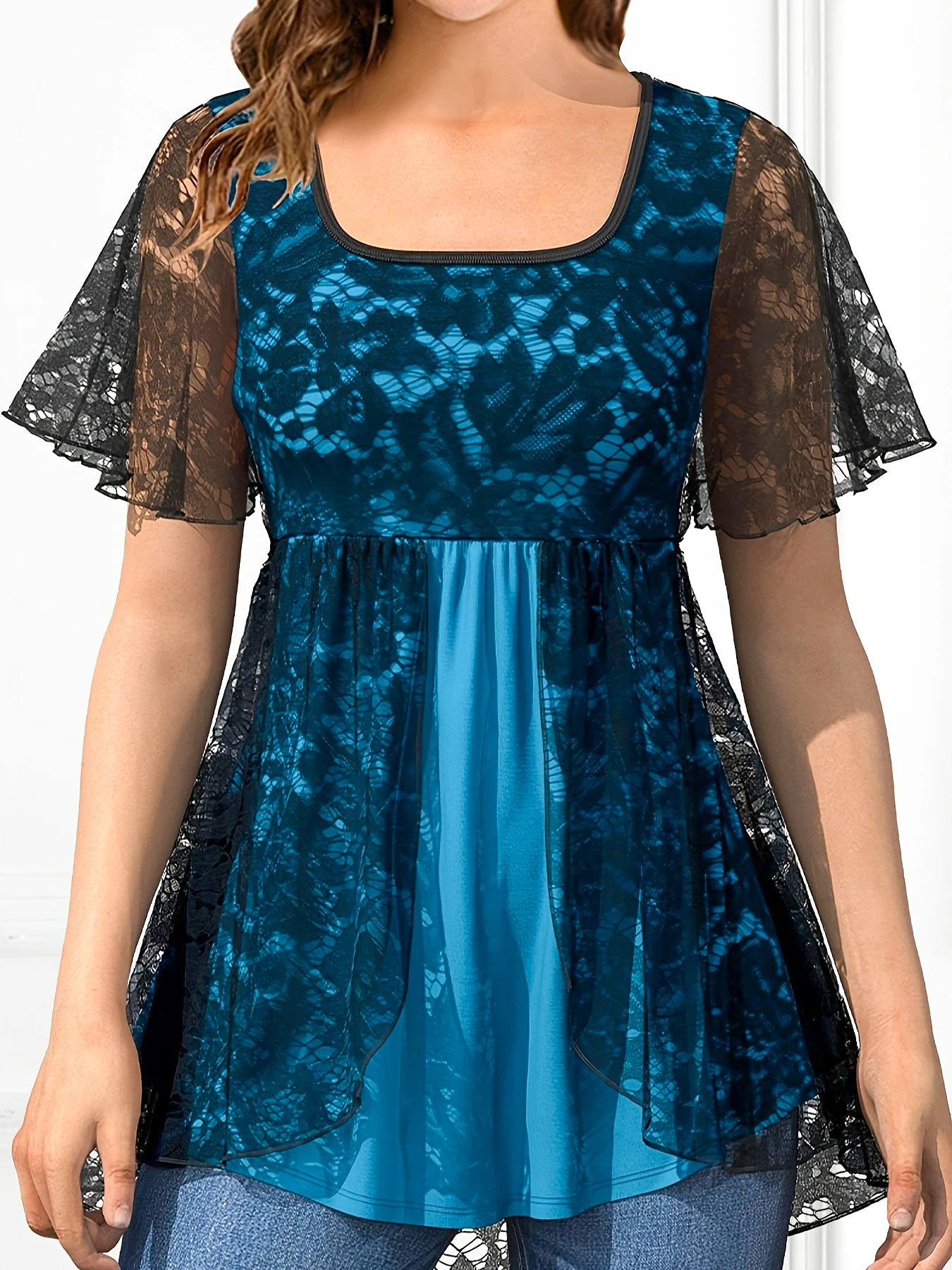 

Женская нарядная синяя кружевная двухслойная туника больших размеров с квадратным вырезом, кружевная лоскутная блузка, прозрачные элегантные летние футболки