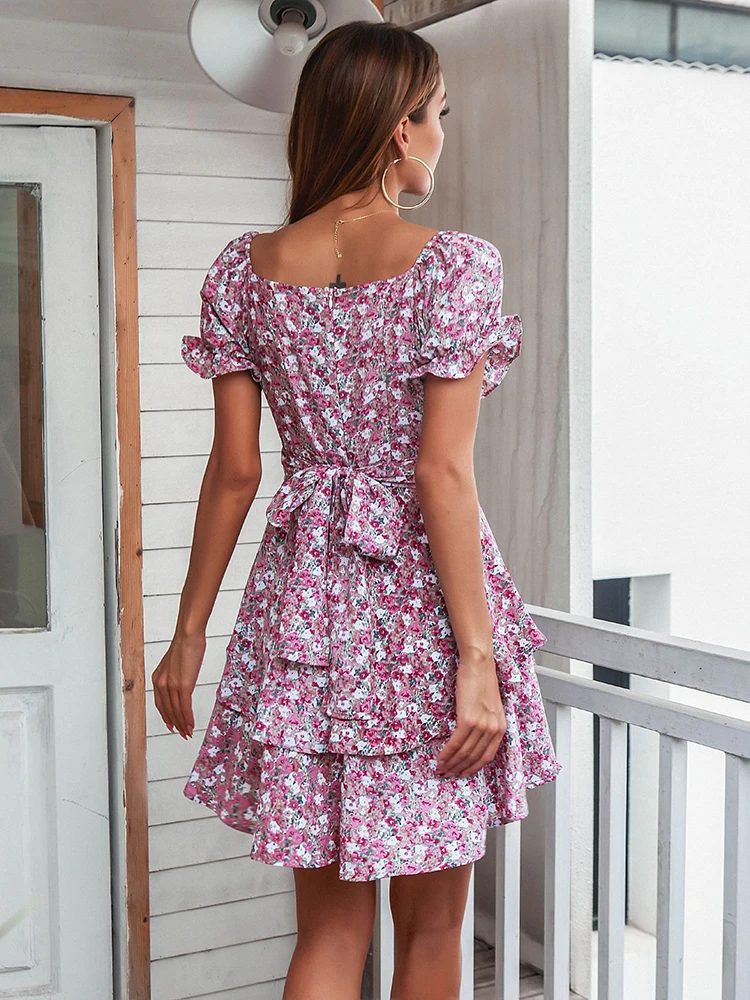 Spring Summer Puff Sleeve Print Dress Women 2022 New Slim Cascading Ruffle Ladies High Waist Short Floral Beach Dresses