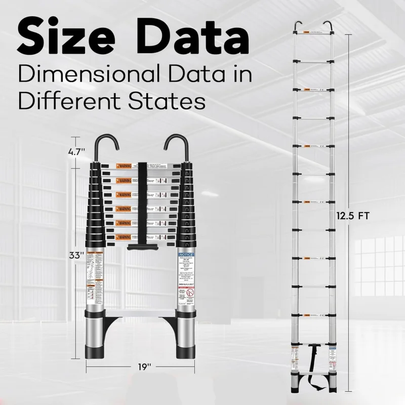 Telescoping Ladder, 12.5 FT Aluminum Extension Ladder with 2 Detachable Hooks, Heavy Duty 330lbs Max Capacity, Multi-Purpose