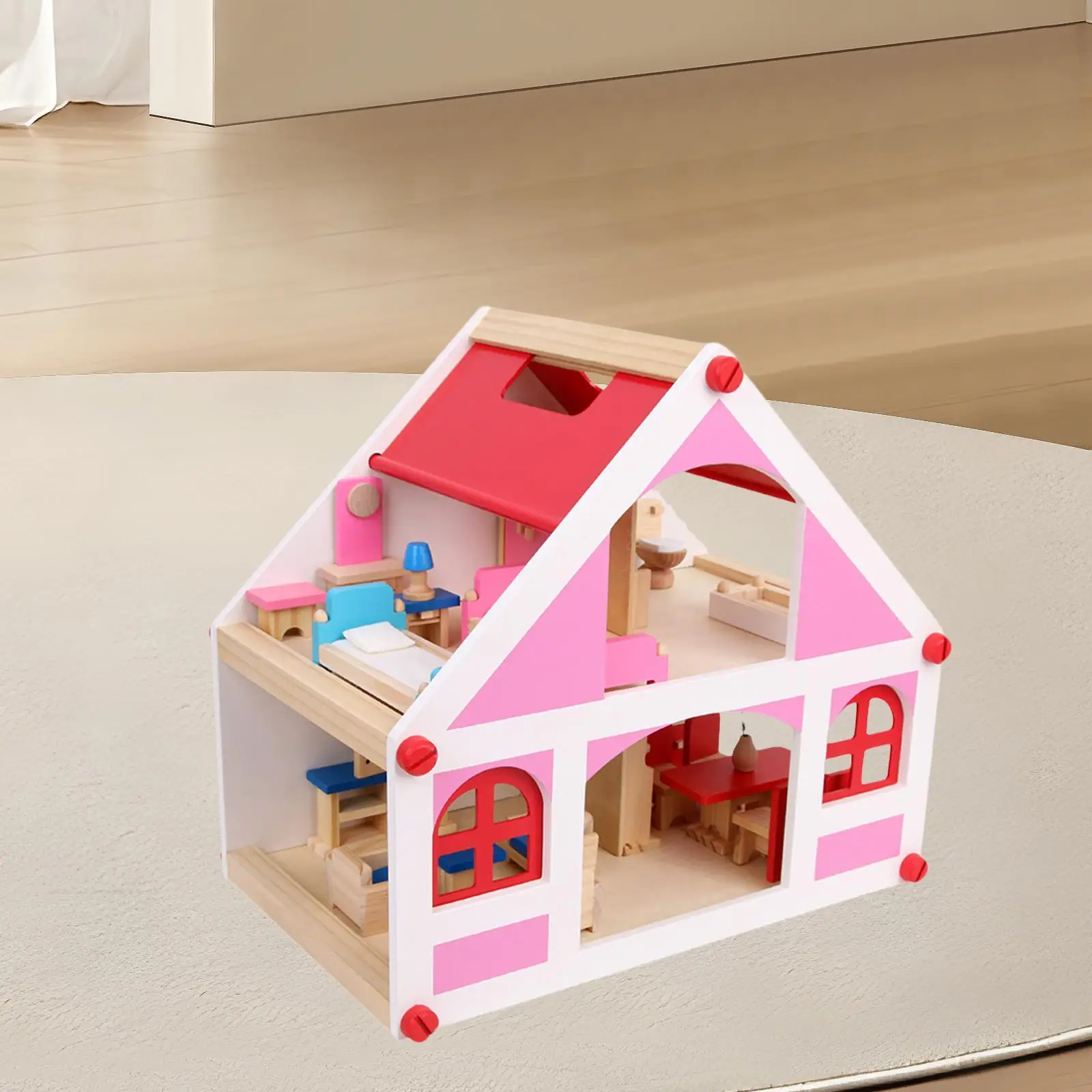 Puppenhaus-Bastelhaus-Villa aus Holz mit Möbeln und Accessoires, Rollenspiel für Mädchen ab 3 Jahren, Kindergeburtstagsgeschenk