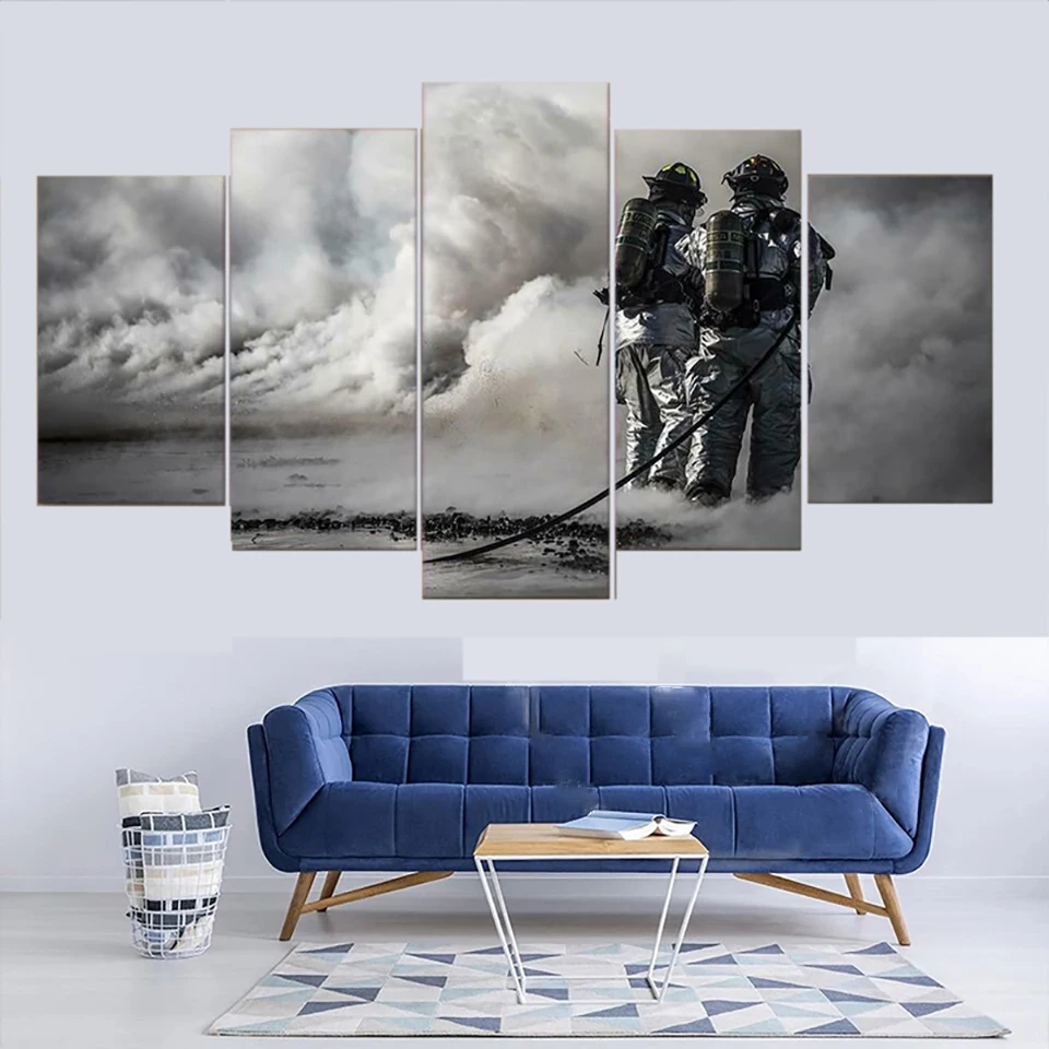 Unframed 5 Panel Firefighters Fireman Smoke Modern Canvas HD Print Posters Wall Art Picture Paintings for Living Room Home Decor