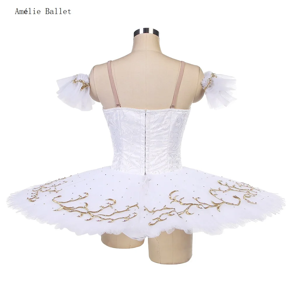 B25016 White Professional Ballet Tutu with Gold Trim Made-to-order Ballet Tutus for YAGP or Stage Performance