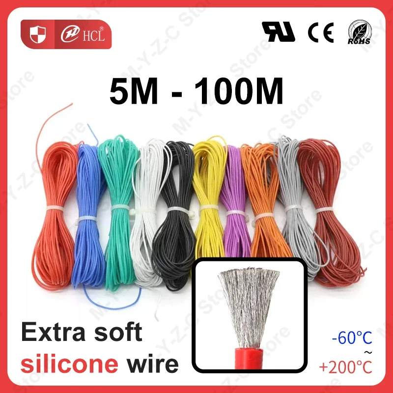 5M-100M Hitzebeständiges Kabel Ultraweicher Silikondraht 30 28 26 24 22 20 18 16 14 AWG Hochtemperatur-flexibler Kupferanschluss