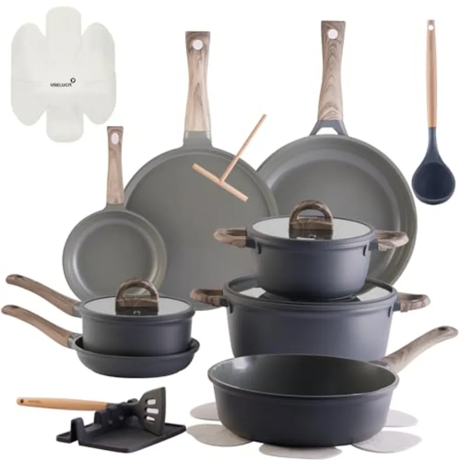 

22Pcs Pots and Pans Set Non Stick NonToxic Ceramic Cookware Sets Nonstick Kitchen Pot and Pan Set With Lid Gray Granite Inducti