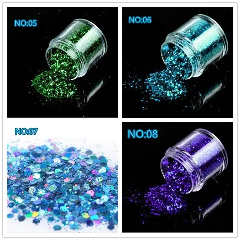 10 gr/schachtel DIY Holographische Mix Glitter Nail art Acryl UV Gel Glänzende Pulver Staub Polnischen Make-Up Maniküre werkzeuge