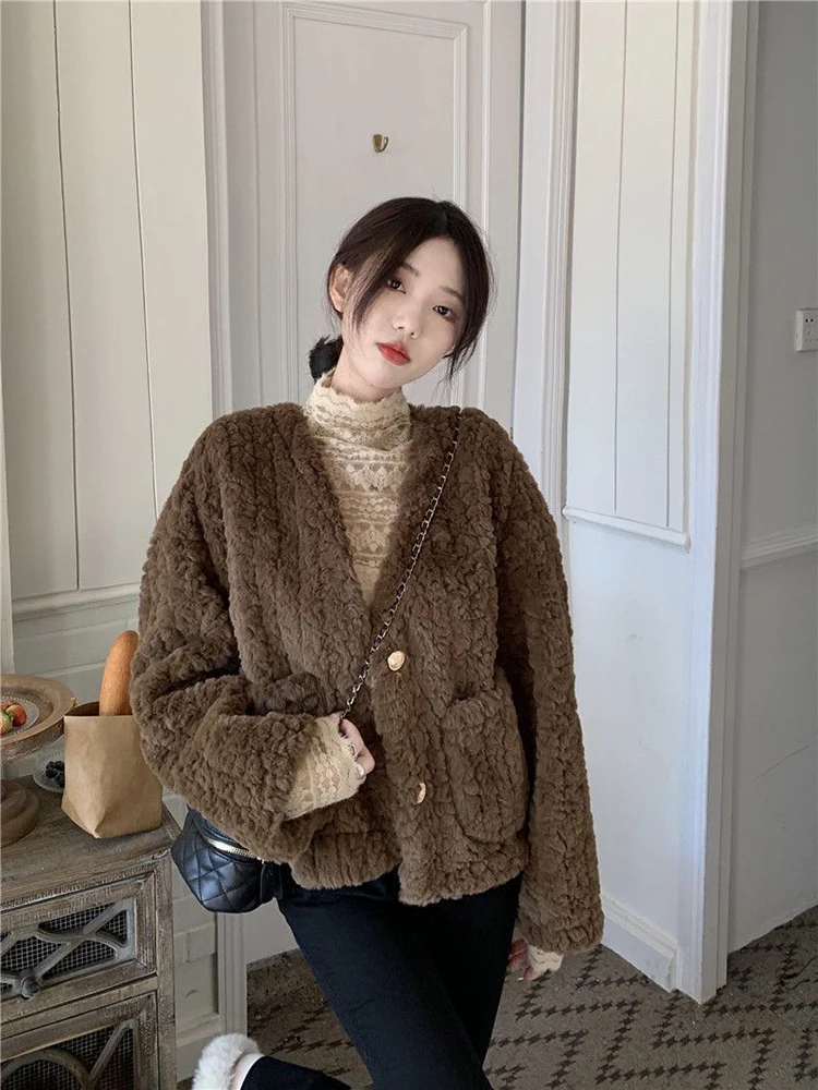 Zoki Elegant Faux Fur Lamb Coats Women Winter Thick Sweet Korean Jackets Fashion Warm Plush Long Sleeve Casual Buttons Outwear