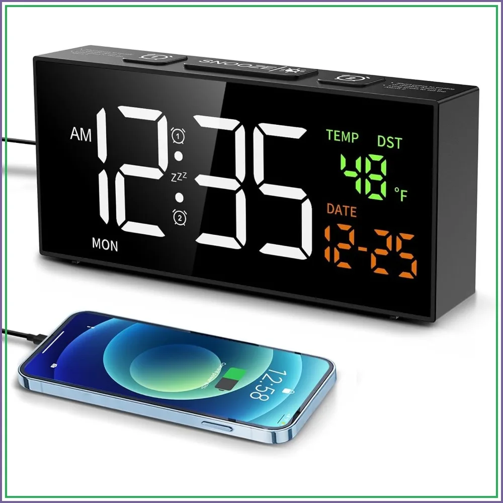 Digital Alarm Clock with Temperature, Date, Weekday, Dual Alarms, Snooze, 4 Volumes, Black