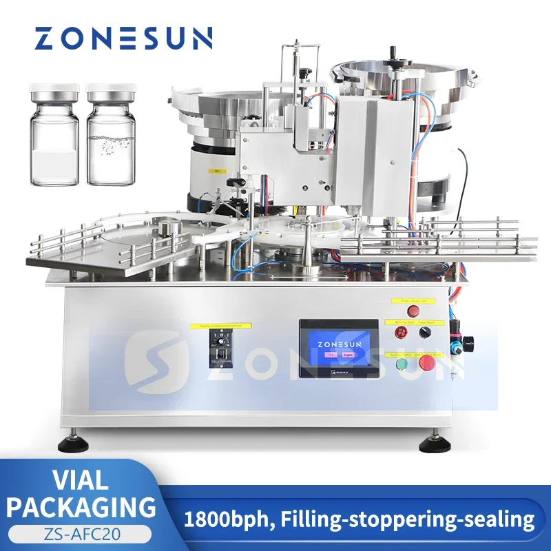 ZONESUN Automatic Vial  Bottle Filling Sealing Packaging Machine with Vibratory Bowl Feeder Stoppering Seal Equipment  ZS-AFC20