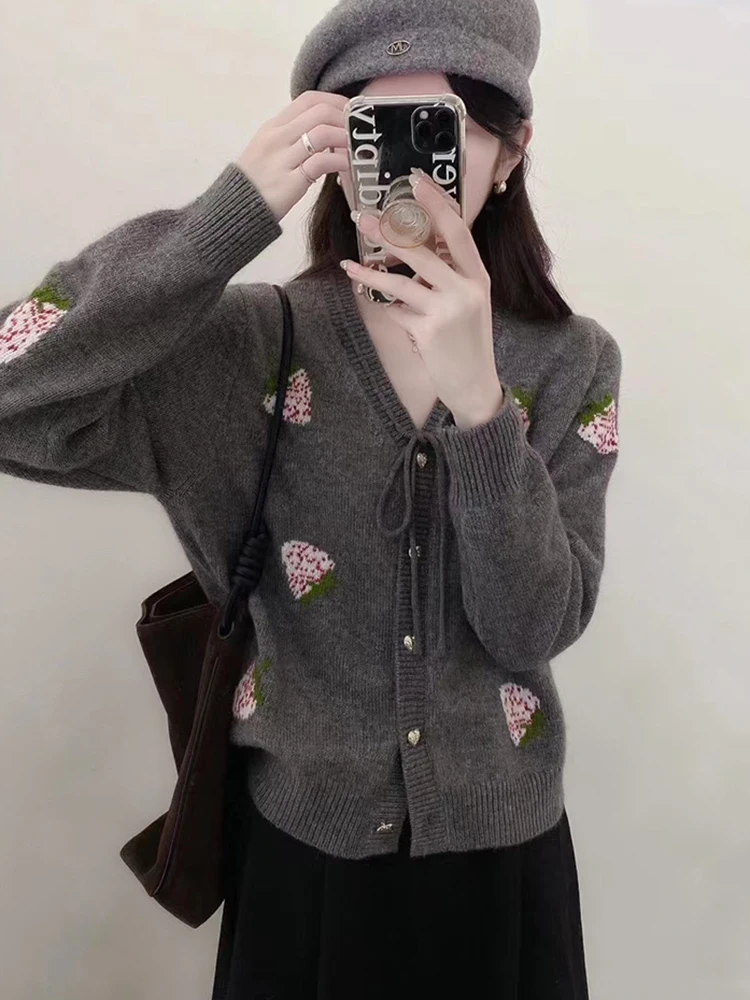 Zoki Strawberry Print Women Cardigan Sweaters Sweet Vintage Knitted Coat Casual V Neck Elegant Long Sleeve Female Lace Up Tops