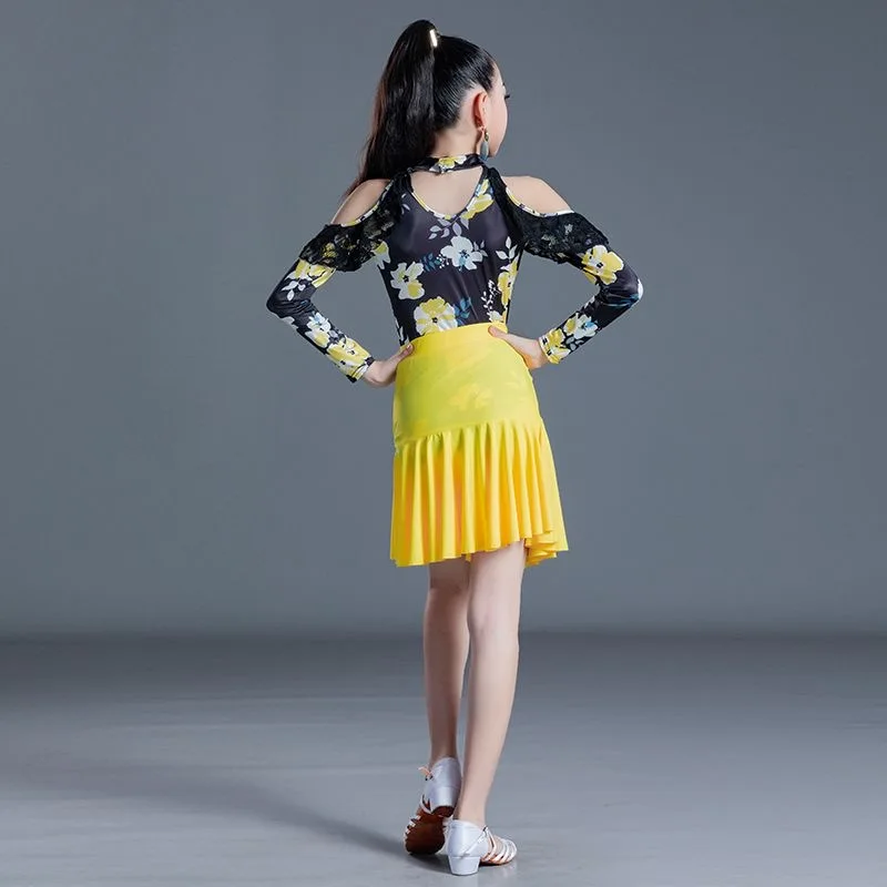 Girls Printing Latin Dance Dress Practice Set Summer Standard Art Test Split Dance Skirt Suit Performance Competition Dance Wear