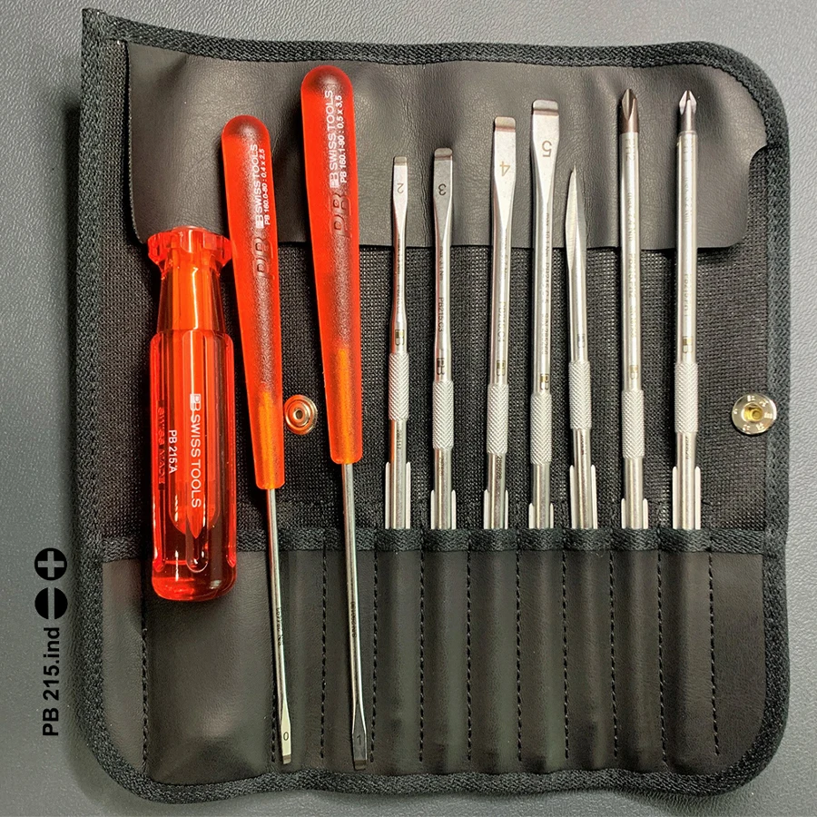 PB SWISS Tools PB 215.ind Roll-up Case Screwdriver Sets(10pcs) include 1 screwdriver handle two screwdrivers 7 screwdriver bits