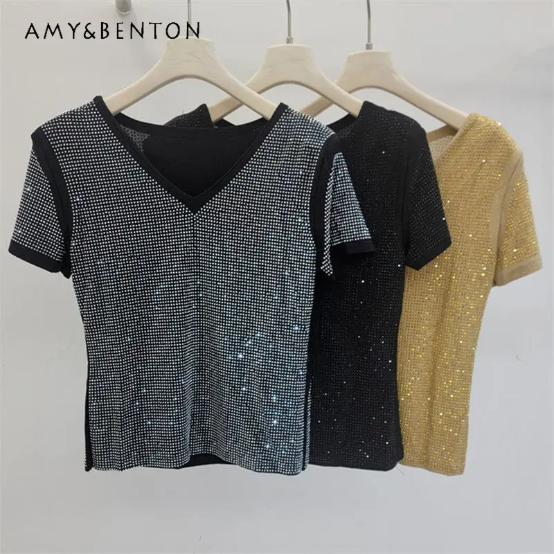 

2026 New Popular Premium Rhinestone Embellished High-stretch Ice Silk V-neck T-shirt Short-sleeved Tank Top Women's Summer Tees