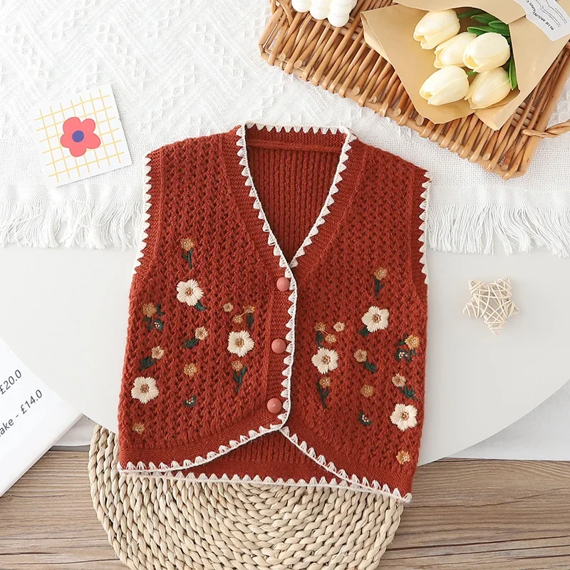 

Kids Knitted Vest Floral Embroidered Vintage Toddler Autumn Cardigan Hand-Embroidered Boho Sleeveless Outerwear for Girls Boys