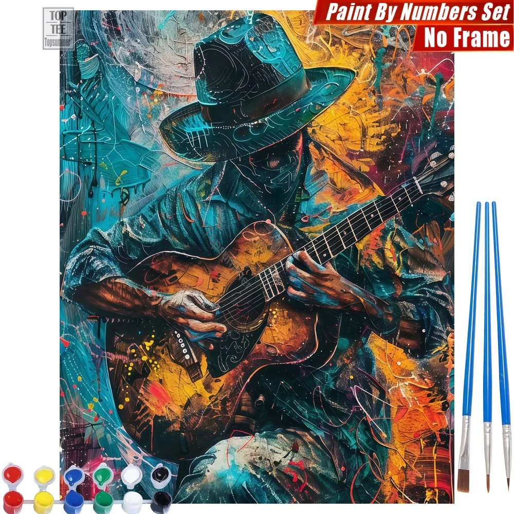 Set de pintura por números DIY de hombre con sombrero y guitarra - Salpicaduras de color, arte artístico para pared, decoración del hogar, regalo del Día del Padre para esposo
