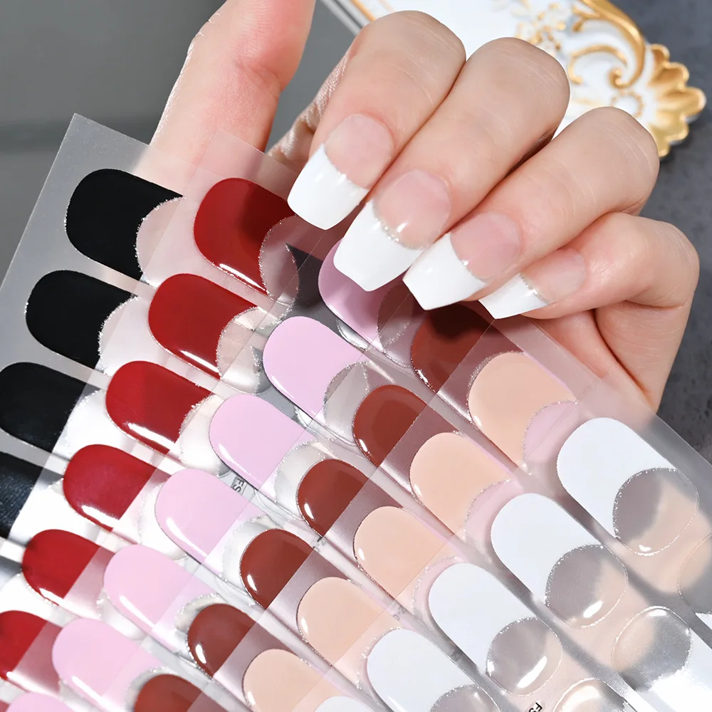 

16Tips DIY Gel Nail Stickers French UV Semi-Cured Gel Nail Wraps Sticker Full Cover Long Lasting Semi-Baked Nail Stickers