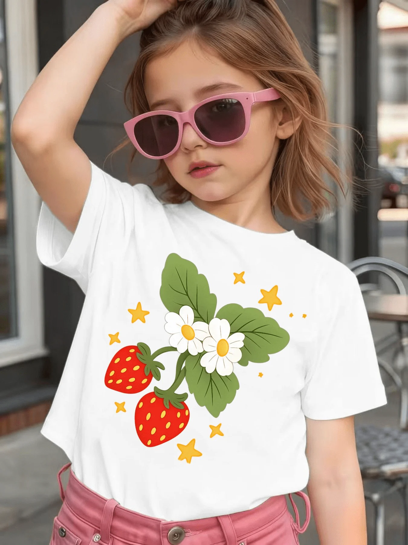 Cute Strawberry Daisy Flower And Star Graphic Kids Tee Boys Girls Family Matching Cotton Crew Neck Short Sleeve Soft Summer Tee