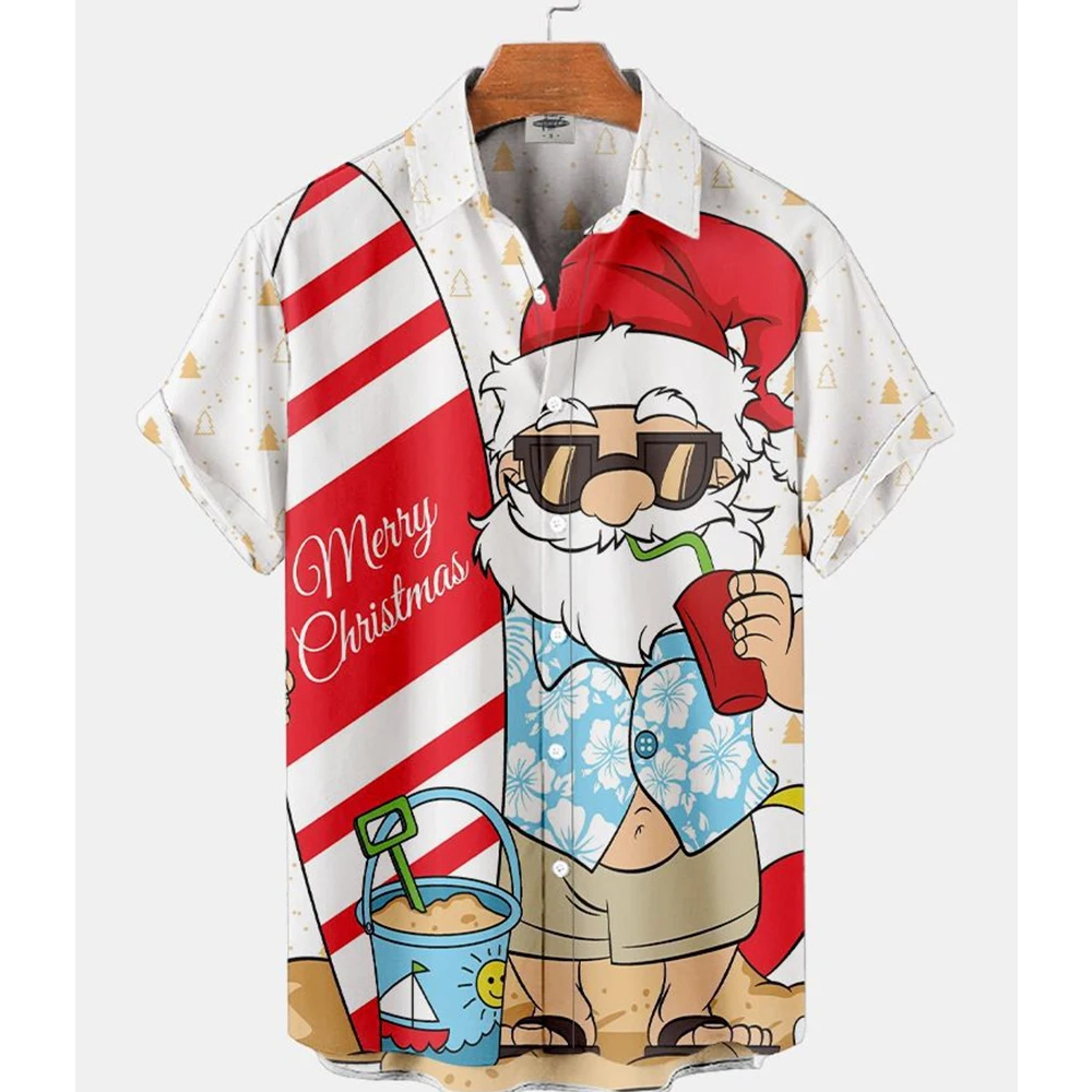 Beach Surfing Vacation Santa Claus Printed Short Sleeved Shirt for Men and Women Tropical Christmas Loose Fitting Shirt
