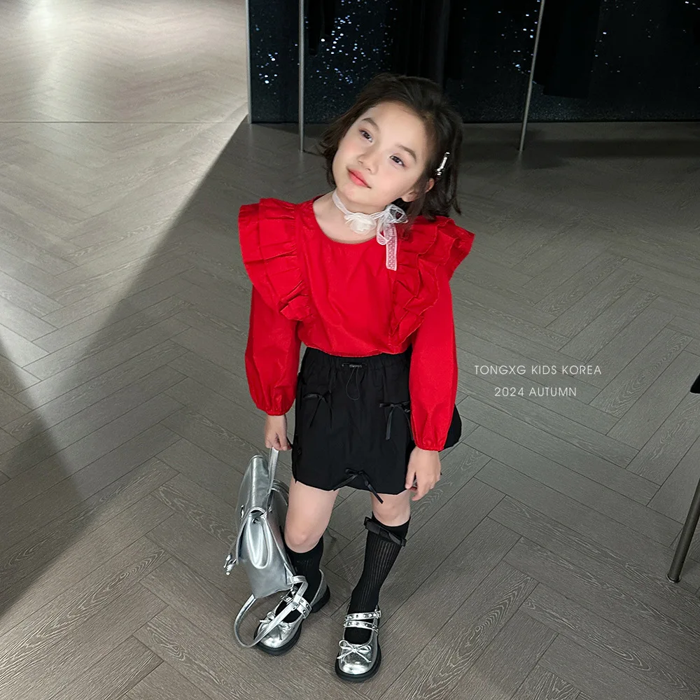 Girls Shirt 2024 Autumn New Childrens Clothing Korean Baby Girl Foreign Red Ruffled Princess Style Design Shirt Casual Simple