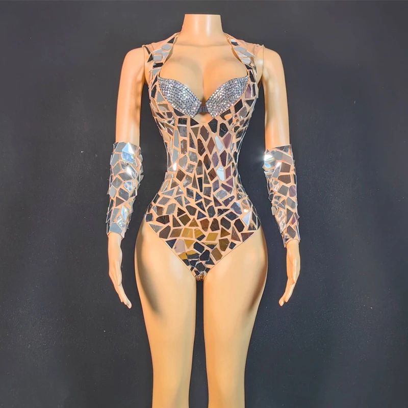 Women Group Jazz Dance Outfit Mirrors Bodysuit Rhinestones Bra Nightclub Ds Dj Gogo Dance Costume Stage Rave Outfits XS9750