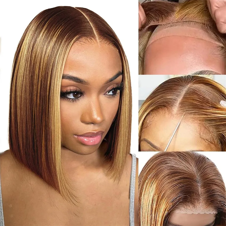 

Pre Cut Lace Highlight Straight Bob Wig Honey Blonde Wear And Go Glueless Straight Bob Wigs Ready To Wear Density 180 Preplucked