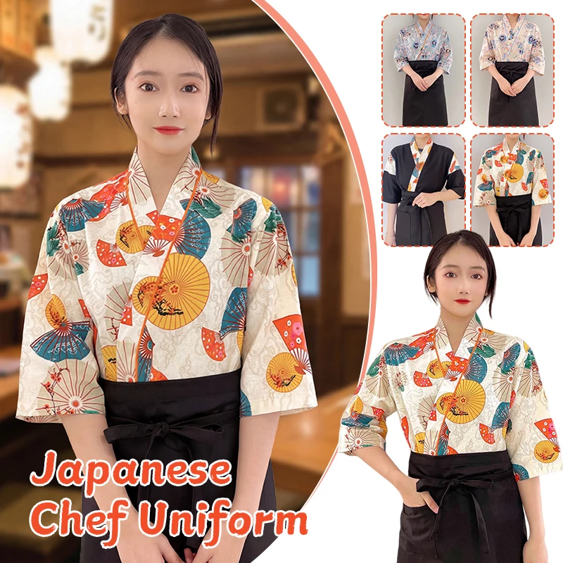 

Japanese Korean Style Sushi Restaurant Chef Uniform Men Women Embroidered Cotton Linen Kimono Workwear For Seasons Service Crew