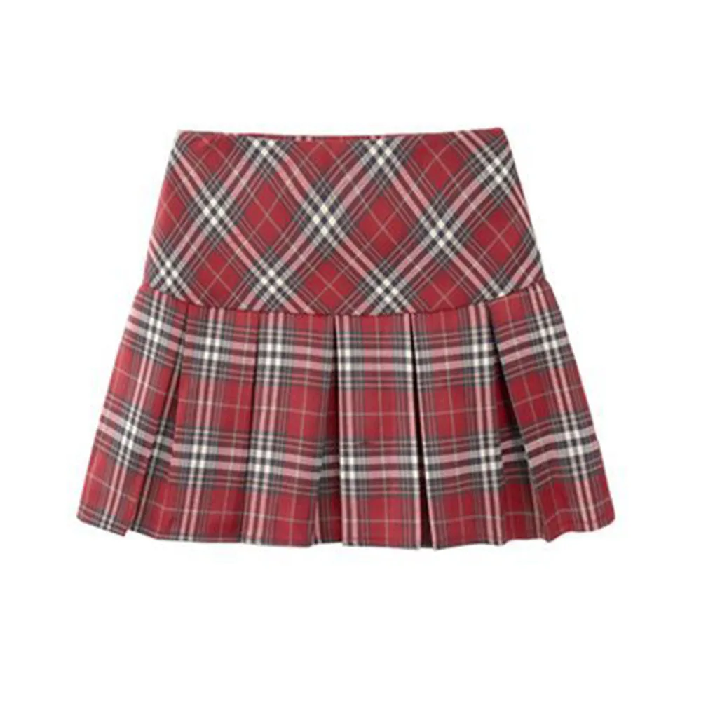 Summer 2024 Vintage Korean Style High Waist Patchwork A-line Mini Skirt Harajuku Preppy Fashion Plaid Pleated Skirt Red Women