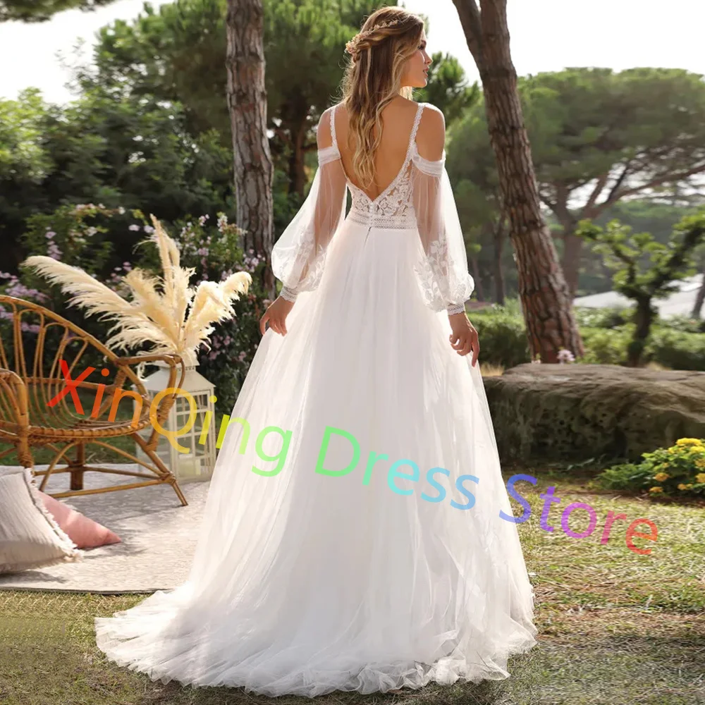 تخصيص تول قبالة الكتف فساتين الزفاف العميق الخامس الرقبة ألف خط يزين الدانتيل زي العرائس مع قطار الاجتياح بعقب