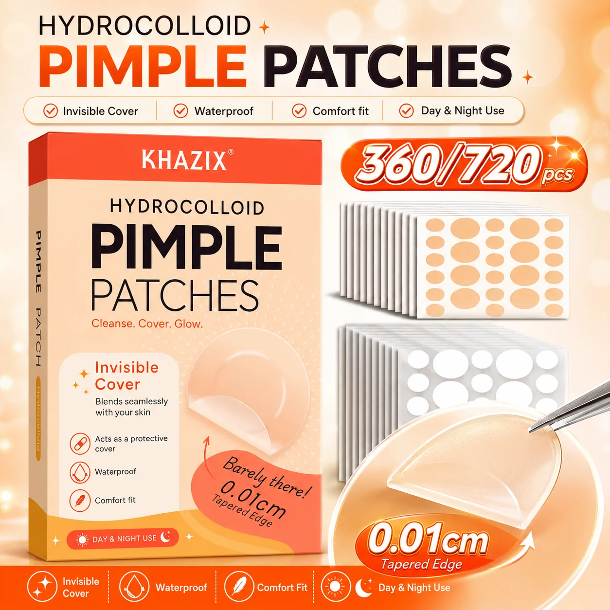 360/720Pcs Hydrocolloid Face Concealer Patches, Invisible Skin Stickers, Waterproof, Nude & Clear, Mixed Sizes, Day & Night Use