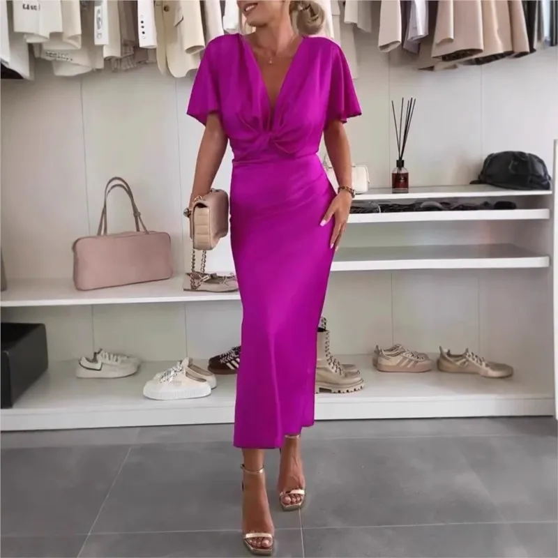 

Women Elegant Satin Dresses Summer Pure Color Dress Female Deep V-Neck Short Sleeve Vestidos Evening Party Luxury Dresses 2025