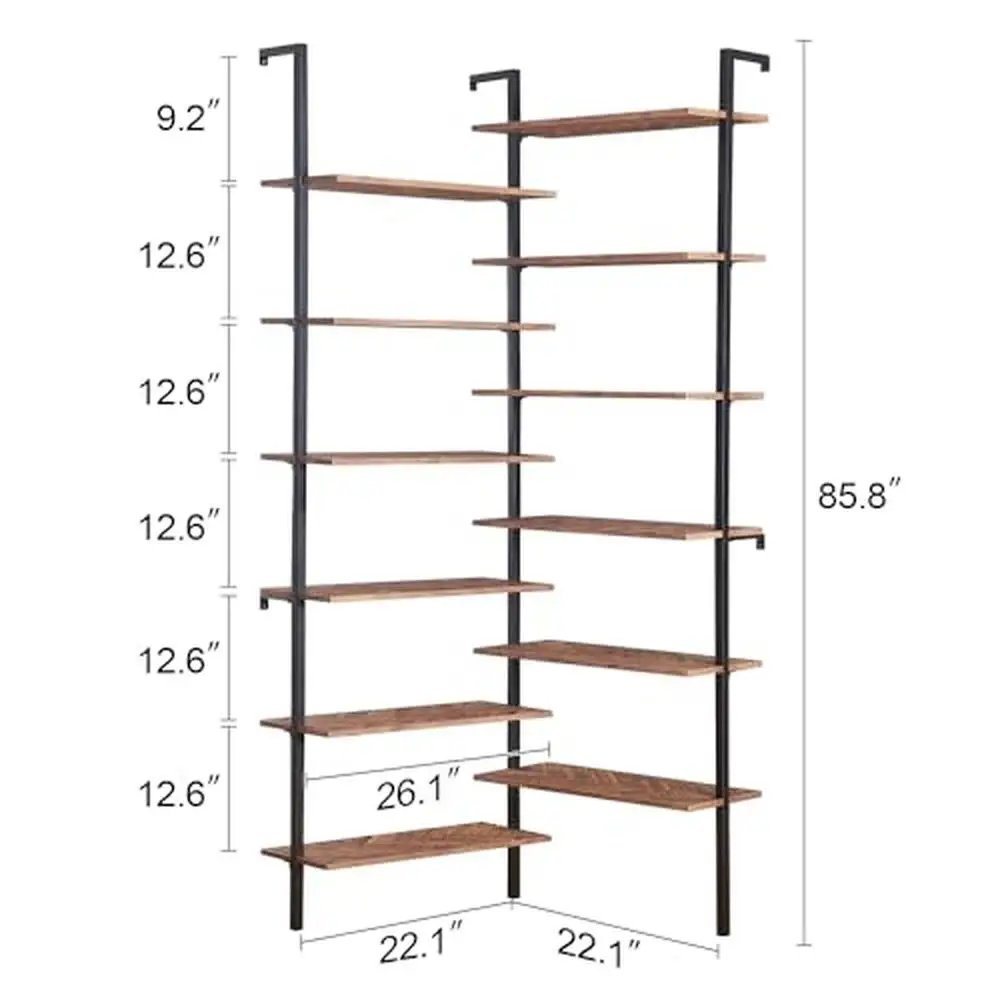 12-Tier L Shaped Corner Bookshelf Wall Mount Bookcase Industrial Style Metal Frame Wood Display Shelf Organizer Office Living