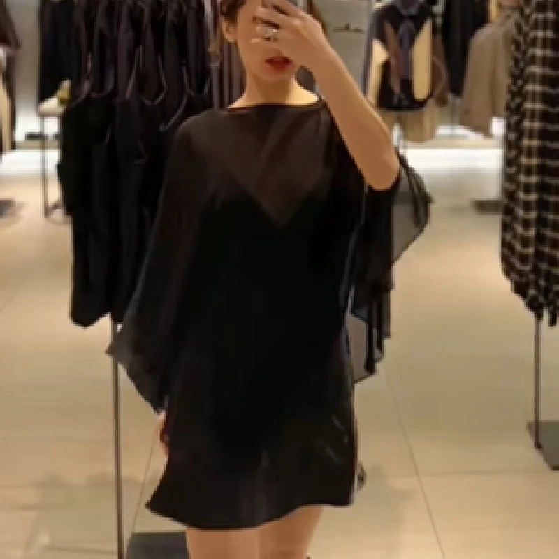 Elegant Satin Stacked Short Dress Women V Neck Adjustable Spaghetti Strap Spliting Sheer Smock 2025 NEW See Through Lady Dresses