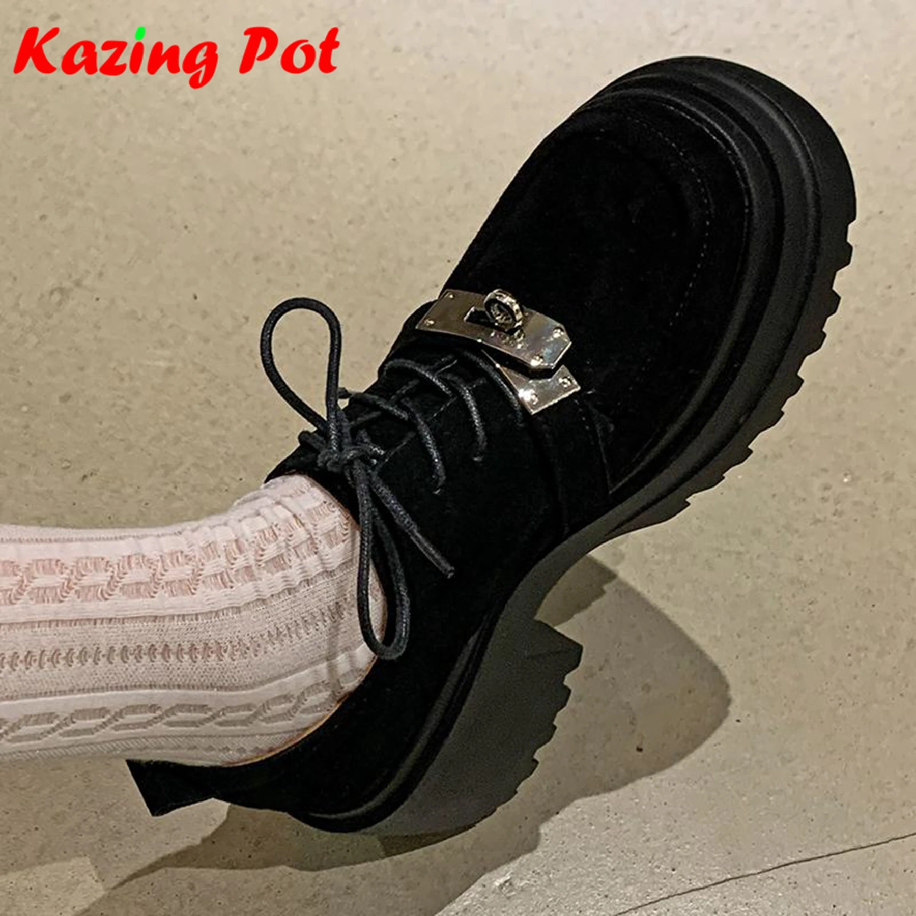 

Krazing Pot Sheep Suede Autumn Metal Fasteners British School Platform Thick High Heels Leisure European Designer Women Pumps